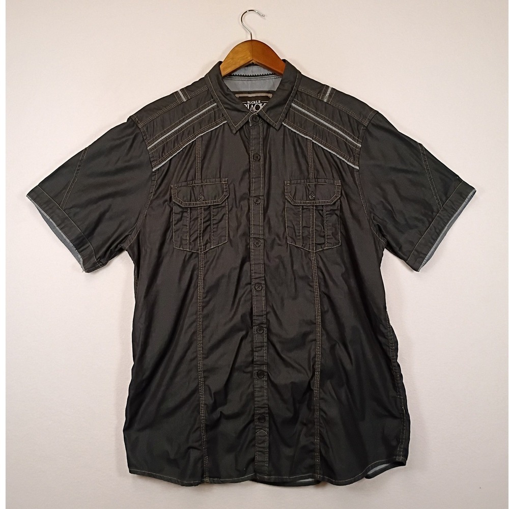 Moto Industrial Buckle Black Mens Large Charcoal Short Sleeve Button Down BB2209